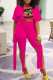 Rose Red Sexy Street Print Patchwork Asymmetrical O Neck Half Sleeve Two Pieces