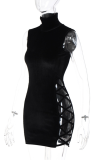 Black Sexy Solid Bandage Hollowed Out Turtleneck Pencil Skirt Dresses