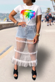White Casual Lips Printed Mesh O Neck T-Shirts
