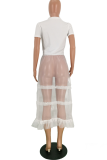 White Casual Lips Printed Mesh O Neck T-Shirts