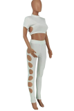 White Sexy Solid Hollowed Out O Neck Short Sleeve Two Pieces