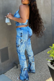 Blue Sexy Print Patchwork Halter Sleeveless Two Pieces
