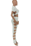 White Sexy Solid Hollowed Out O Neck Short Sleeve Two Pieces