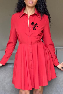 Red Casual Print Patchwork Turndown Collar Shirt Dress Dresses