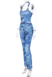 Blue Sexy Print Patchwork Halter Sleeveless Two Pieces