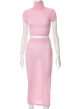 Pink Sexy Solid Patchwork Slit Turtleneck Short Sleeve Two Pieces