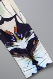 Colour Sexy Print Patchwork Asymmetrical O Neck Long Sleeve Two Pieces