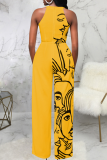 Yellow Fashion Print Patchwork V Neck Straight Jumpsuits