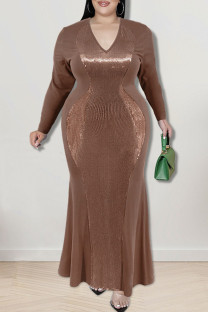Rose Gold Sexy Solid Sequins Patchwork V Neck Long Sleeve Plus Size Dresses