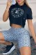Baby Blue Fashion Elegant Print Patchwork Hooded Collar Short Sleeve Two Pieces
