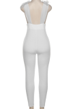 White Sexy Solid Mesh V Neck Skinny Jumpsuits