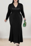Green Sexy Solid Sequins Patchwork V Neck Long Sleeve Plus Size Dresses