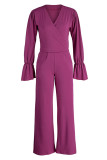 Purple Casual Solid Patchwork V Neck Long Sleeve Two Pieces