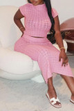 Pink Sexy Solid Patchwork Slit Turtleneck Short Sleeve Two Pieces