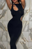 Black Sexy Solid Hollowed Out O Neck Pencil Skirt Dresses