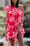 Pink Fashion Casual Print Patchwork Backless Oblique Collar Sleeveless Dress Dresses