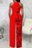 Red Fashion Print Patchwork V Neck Straight Jumpsuits