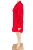 Red Casual Solid Patchwork Buckle Turndown Collar Shirt Dress Plus Size Dresses