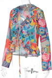 Colour Sexy Print Flounce V Neck Tops