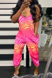 Rose Red Casual Print Patchwork Spaghetti Strap Regular Jumpsuits