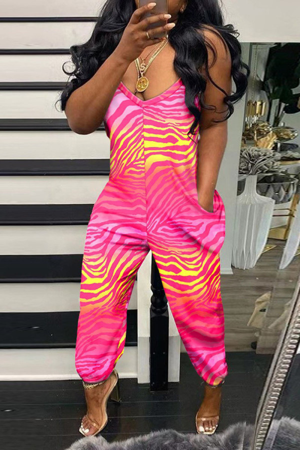 Rose Red Casual Print Patchwork Spaghetti Strap Regular Jumpsuits