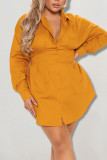 Orange Casual Solid Patchwork Buckle Turndown Collar Shirt Dress Plus Size Dresses