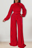 Black Casual Plaid Print Patchwork O Neck Straight Jumpsuits