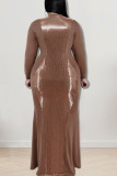 Rose Gold Sexy Solid Sequins Patchwork V Neck Long Sleeve Plus Size Dresses