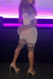 Apricot Sexy Print Mesh O Neck Long Sleeve Two Pieces