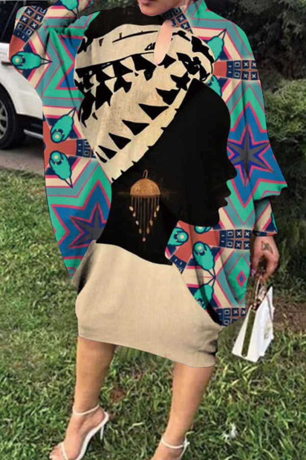 Colour Casual Print Patchwork Half A Turtleneck Dresses