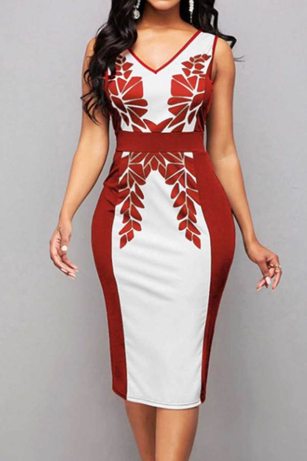 Red Casual Work Print Patchwork V Neck One Step Skirt Dresses