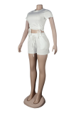 White Fashion Solid Draw String O Neck Short Sleeve Two Pieces