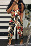 Rose Red Casual Print Patchwork Spaghetti Strap Regular Jumpsuits