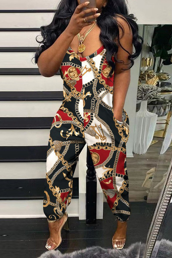 Black Red Casual Print Patchwork Spaghetti Strap Regular Jumpsuits