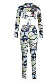 Colour Sexy Print Patchwork Asymmetrical O Neck Long Sleeve Two Pieces