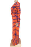 Tangerine Casual Plaid Print Patchwork O Neck Straight Jumpsuits