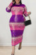 Purple Fashion Casual Striped Print Patchwork O Neck One Step Skirt Plus Size Dresses