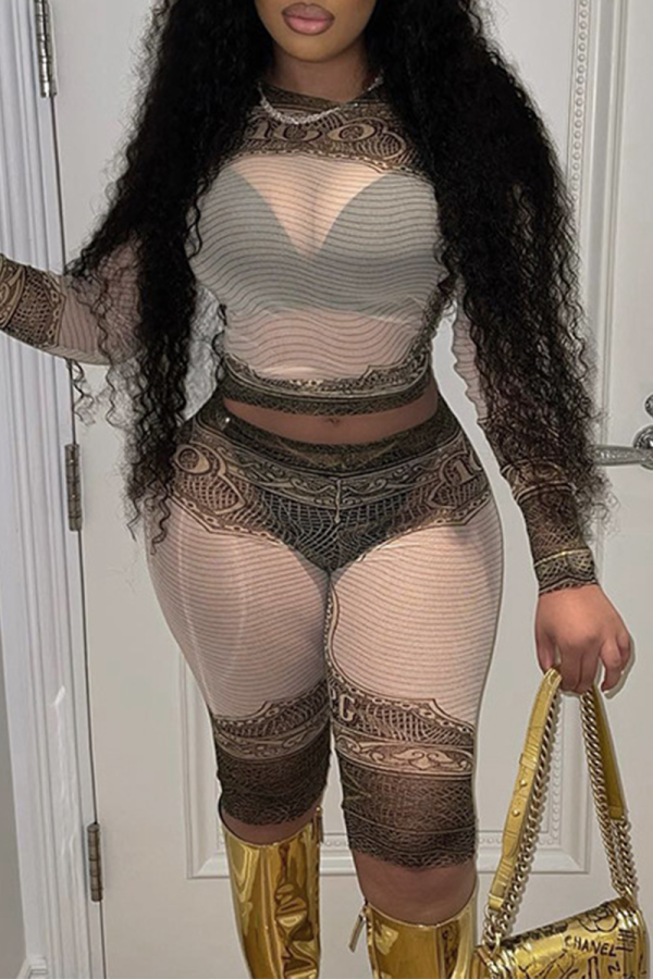 Apricot Sexy Print Mesh O Neck Long Sleeve Two Pieces