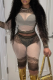 Apricot Sexy Print Mesh O Neck Long Sleeve Two Pieces