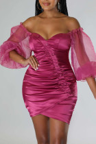 Rose Red Sexy Solid Patchwork Off the Shoulder Pencil Skirt Dresses