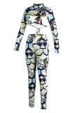 Colour Sexy Print Patchwork Asymmetrical O Neck Long Sleeve Two Pieces
