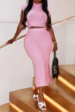 Pink Sexy Solid Patchwork Slit Turtleneck Short Sleeve Two Pieces
