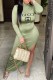 Green Fashion Casual Print Letter O Neck Irregular Dress Dresses