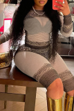 Apricot Sexy Print Mesh O Neck Long Sleeve Two Pieces