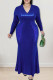 Blue Sexy Solid Sequins Patchwork V Neck Long Sleeve Plus Size Dresses