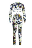 Colour Sexy Print Patchwork Asymmetrical O Neck Long Sleeve Two Pieces