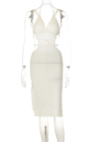 Cream White Sexy Solid Hollowed Out Spaghetti Strap Pencil Skirt Dresses