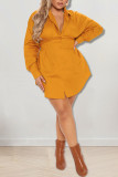 Orange Casual Solid Patchwork Buckle Turndown Collar Shirt Dress Plus Size Dresses