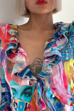 Colour Sexy Print Flounce V Neck Tops