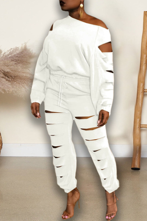 White Casual Street Solid Hollowed Out Patchwork O Neck Long Sleeve Two Pieces